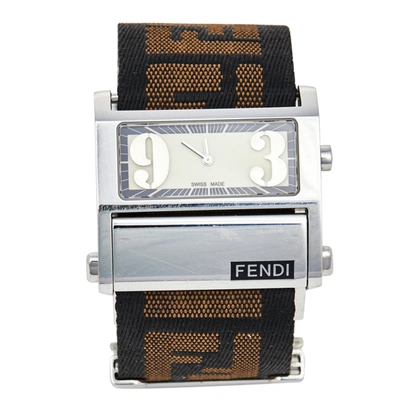 Pre-owned Fendi Cream Stainless Steel Ff Canvas Zip Code 1120l Women's Wristwatch 38 Mm