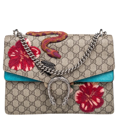 Pre-owned Gucci Beige/blue Gg Supreme Canvas And Suede Medium Embroidered Snake/flowers Dionysus Shoulder Bag