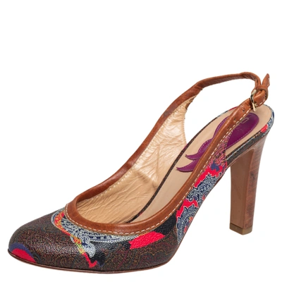 Pre-owned Etro Brown Paisley Print Coated Canvas And Leather Trim Slingback Pumps Size 37