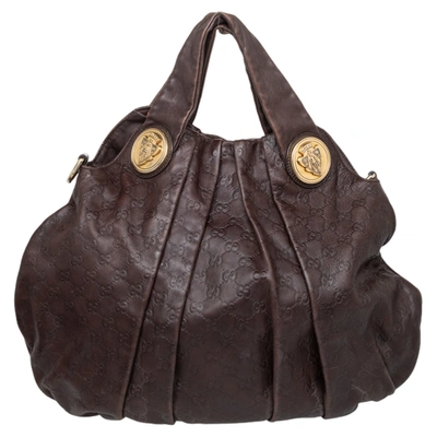Pre-owned Gucci Ssima Leather Large Hysteria Hobo In Brown