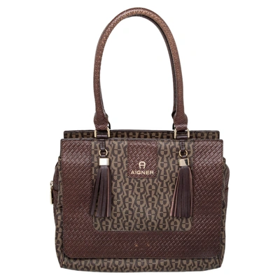 Pre-owned Aigner Brown Signature Canvas And Leather Tassel Satchel