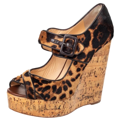 Pre-owned Christian Louboutin Brown Leopard Print Pony Hair Melides Cork Wedge Sandals Size 38.5