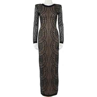 Pre-owned Balmain Black Perforated Stretch Knit Long Sleeve Dress S