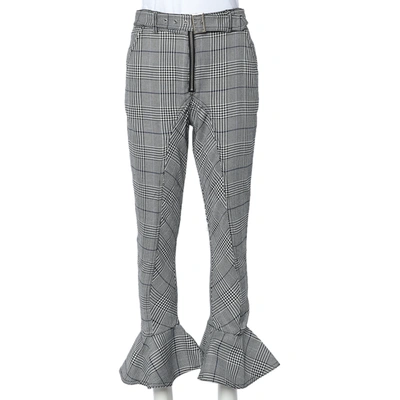Pre-owned Self-portrait Self Portrait Monochrome Checkered Twill Ruffled Hem Belted Cropped Pants S In Black