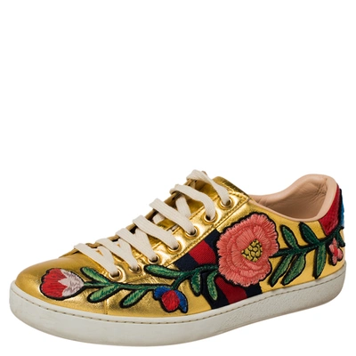 Pre-owned Gucci Gold Leather Ace Lace Up Sneakers Size 37
