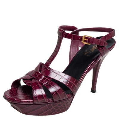 Pre-owned Saint Laurent Burgundy Croc Embossed Leather Tribute Sandals Size 40