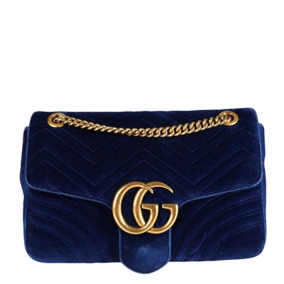 Pre-owned Gucci Royal Blue Matelasse Velvet Gg Marmont Medium Shoulder Bag