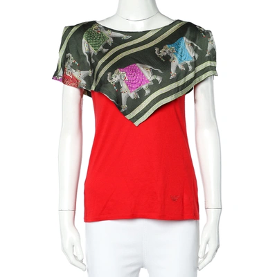 Pre-owned Emporio Armani Red Jersey Playful Elephant Print Silk Paneled Top S