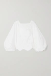 Ganni Gathered Leopard-print Organic Cotton-poplin Blouse In White
