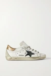 GOLDEN GOOSE SUPERSTAR DISTRESSED SUEDE-TRIMMED PRINTED LEATHER SNEAKERS