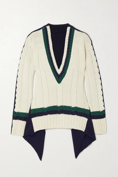 Sacai Ribbed And Cable-knit Wool Sweater In Navy Off White