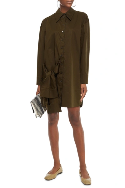 Tibi Tie-front Organic Cotton-poplin Mini Shirt Dress In Army Green