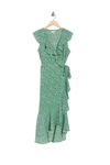Max Studio Patterned Ruffle Wrap Midi Dress In Green/ivory Mini Floral