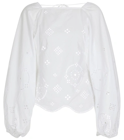 Ganni Gathered Leopard-print Organic Cotton-poplin Blouse In Bright White