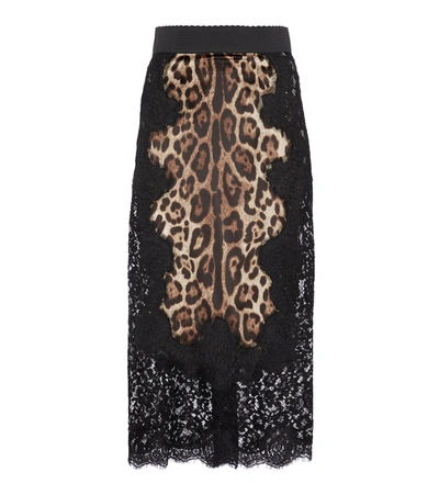 Dolce & Gabbana Leopard Print Satin Midi Skirt With Lace Inserts In Black