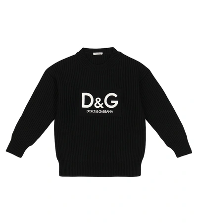 Dolce & Gabbana Babies' Logo罗纹针织羊毛毛衣 In Black