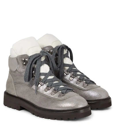 Brunello Cucinelli Kids' Metallic Lace-up Boots In Grey
