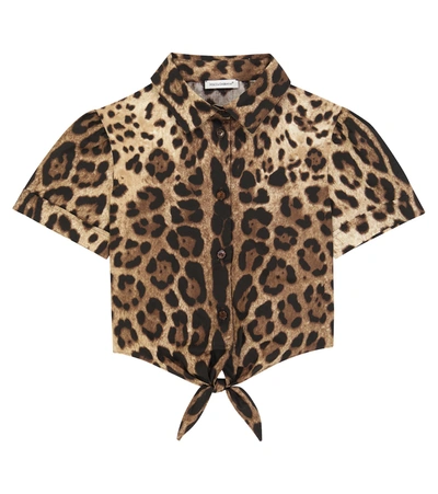 Dolce & Gabbana Babies' Leopard-print Cropped Cotton Shirt In Brown