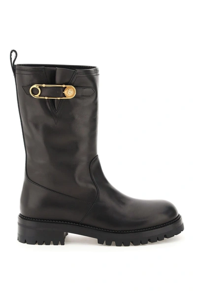 Versace Biker Boots With Medusa Safety Pin In Black