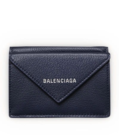 Balenciaga Mini Leather Papier Wallet In Blue