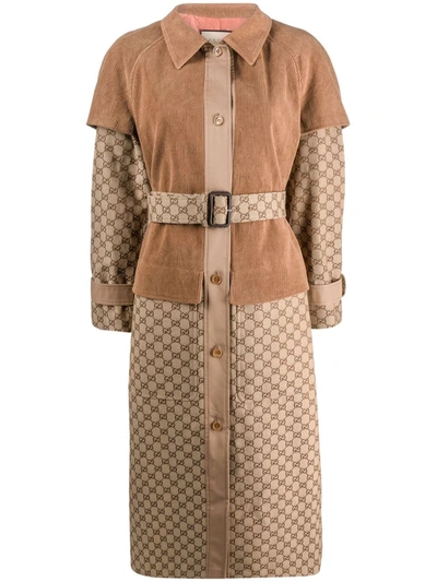 Gucci Belted Corduroy And Gg-jacquard Canvas Trench Coat In Nude & Neutrals