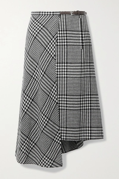 Tibi + Net Sustain Sterling Leather-trimmed Checked Wool-blend Wrap Midi Skirt In Black