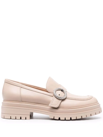 Gianvito Rossi Crystal-buckle Leather Loafers In Neutrals