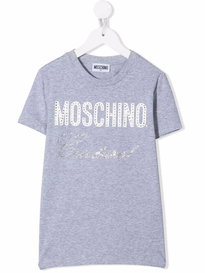 Moschino Kids' Crystal Embellished Logo T-shirt In Grey