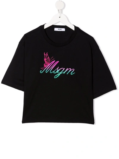 Msgm Kids' Logo-print Cropped T-shirt In Black