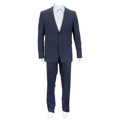 Burberry Mens Navy Blue Plaid Two Button Notch Lapel Wool Trim Fit Suit