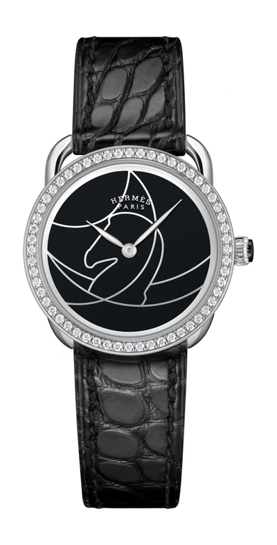 Pre-owned Hermes Arceau Cavales Quartz Black Dial Ladies Watch 045726ww00