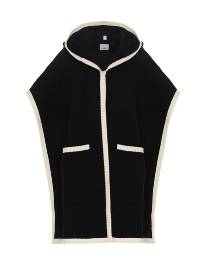Burberry Logo-intarsia Wool-bend Hooded Cape In Black,white