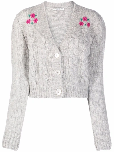 Alessandra Rich Floral-embroidered Alpaca-blend Cropped Cardigan In Grey