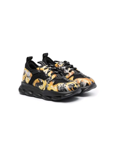 Versace Kids' Baroque Print Tech Trainers In Black,yellow