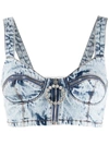 Alessandra Rich Crystal-embellished Zip-pull Denim Bralette In Blue
