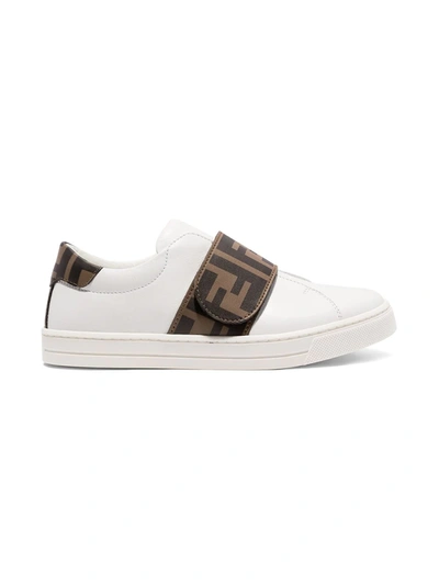 Fendi Teen White Ff Strip Slip-on Leather Trainers In F0c1a White