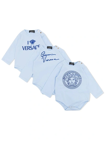 Versace Babies' Logo连体衣（三件装） In Blue