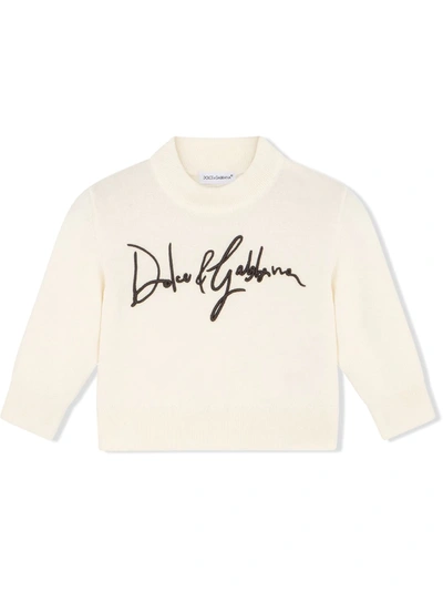 Dolce & Gabbana Babies' Logo-embroidered Virgin Wool Jumper In Neutrals