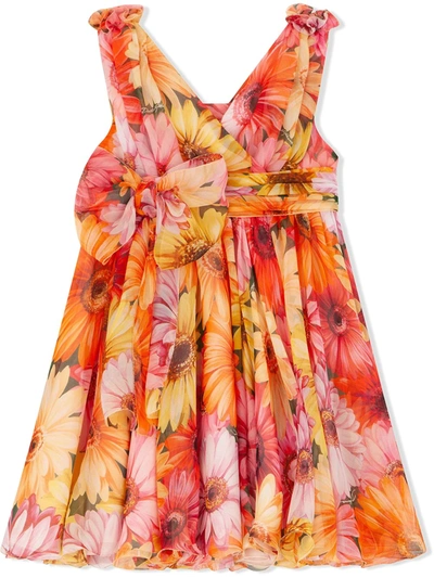 Dolce & Gabbana Kids Silk Gerbera-daisy Dress (8-12years) In Orange