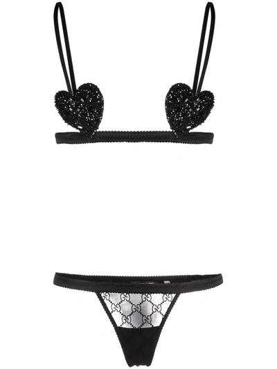 Gucci Sequined Heart Gg Underwear Set In Black