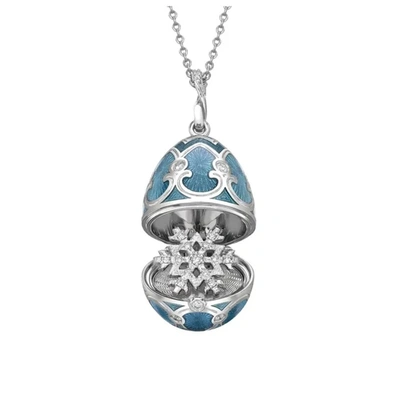 Fabergé Faberge Heritage White Gold Diamond & Teal Guilloch Enamel Snowflake Surprise Locket In Blue