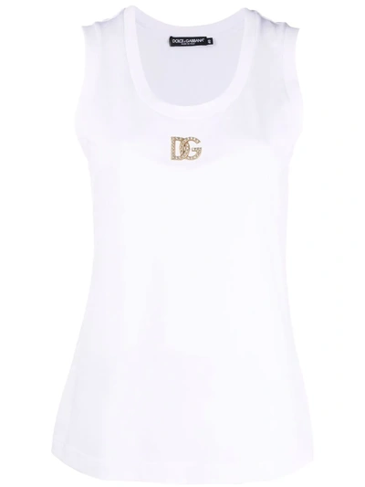 Dolce & Gabbana Embellished-logo Cotton Tank Top In White