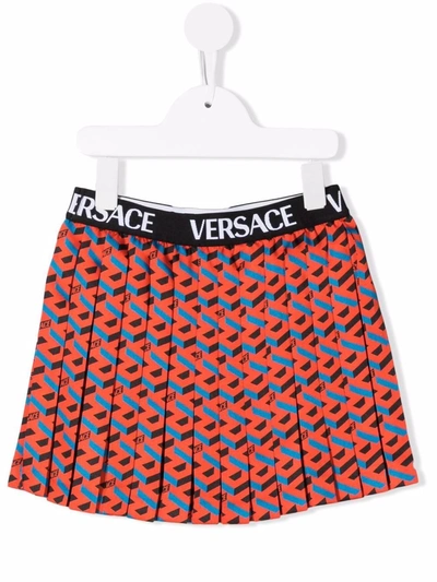 Versace Geometric Print Pleated Skirt In Arancio/blu