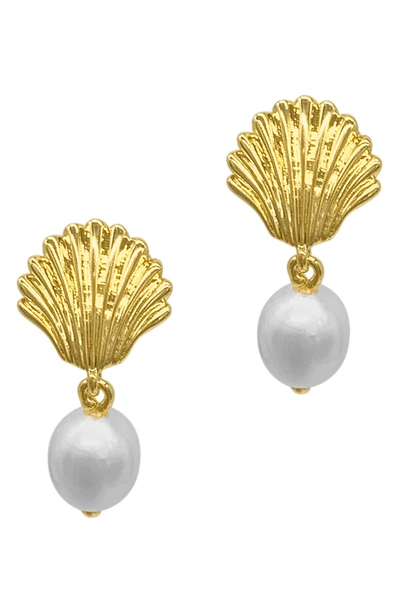Adornia 14k Gold Plated Seashell 10mm Pearl Drop Earrings In Yellow