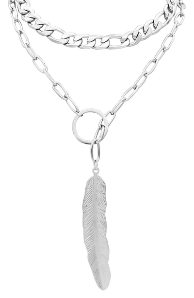 Adornia Mixed Chain Feather Lariat Layered Necklace In Silver