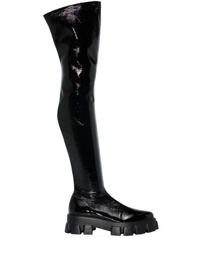 Prada Monolith Thigh-high Leather Boots In Black