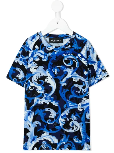 Versace Kids' Baroque Print Crew-neck T-shirt In Blue