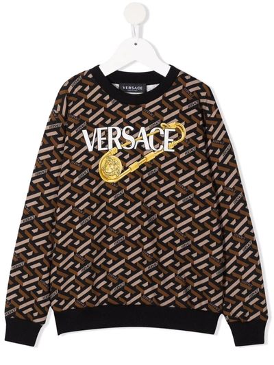 Versace Kids' Logo Crew-neck Sweatshirt In Brown