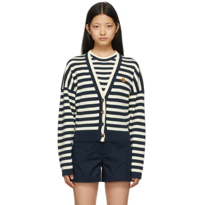 Kenzo Navy & Off-white Striped Tiger Crest Cardigan In White,blue