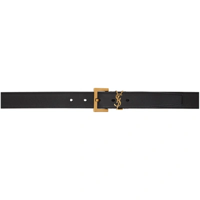 Saint Laurent Golden Ysl Monogram Leather Belt In Black